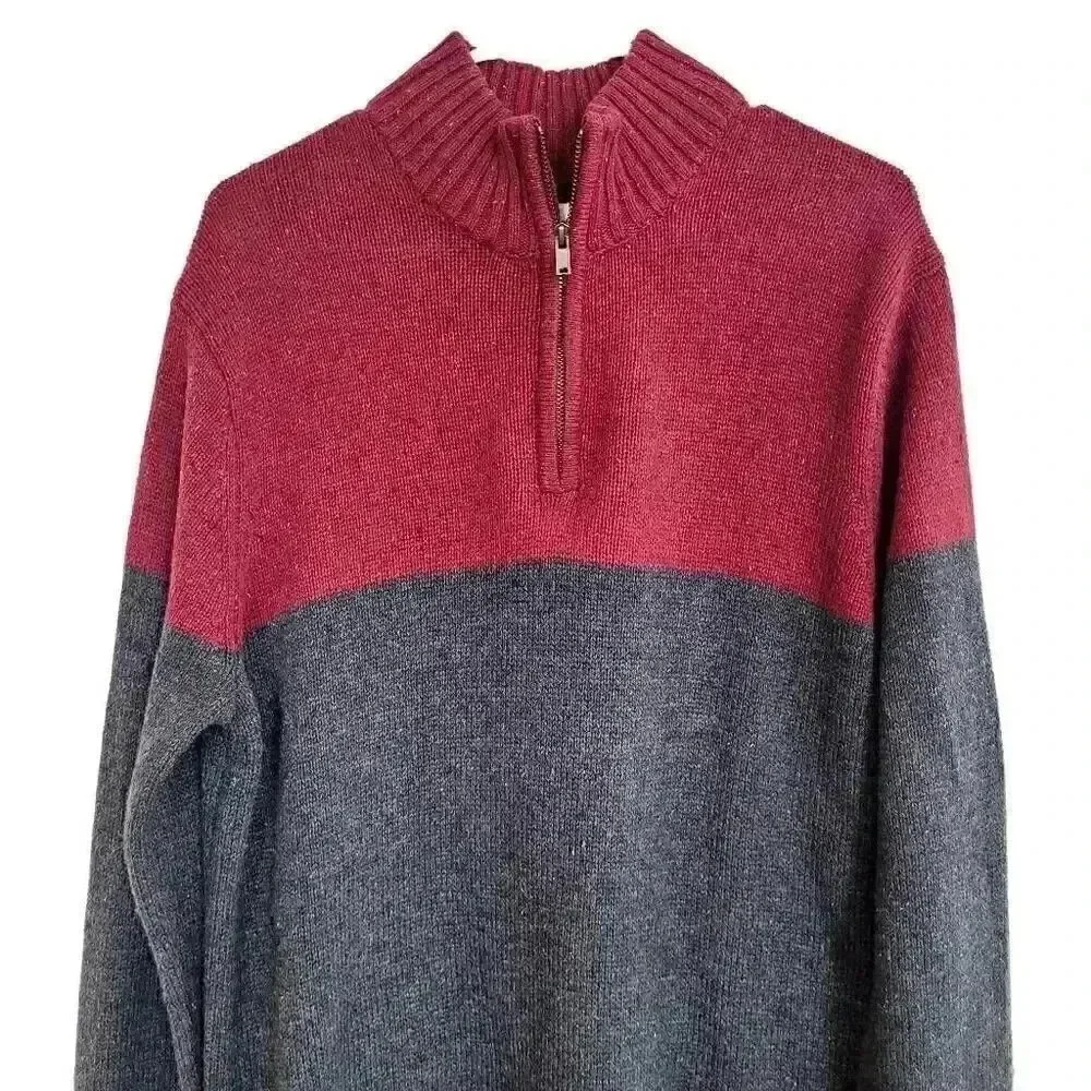 Sonoma Men's Red & Charcoal Cotton/Acrylic Color Block Knit Quarter Zip Mock Nec